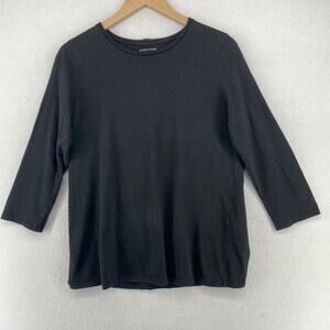EILEEN FISHER Top S Slub Organic Cotton Jersey Crewneck 3/4 Sleeve Black